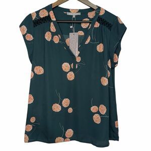 Daniel Rainn Hydrangea Blouse Womens Large Green Pink Cap Sleeve V-Neck Top